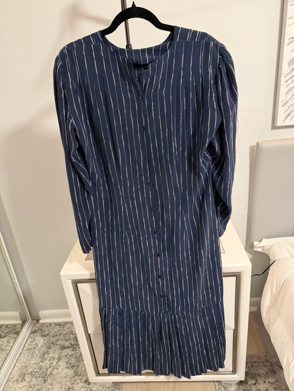 ARGENT Navy Long Sleeve Silk Dress with White Pinstripes